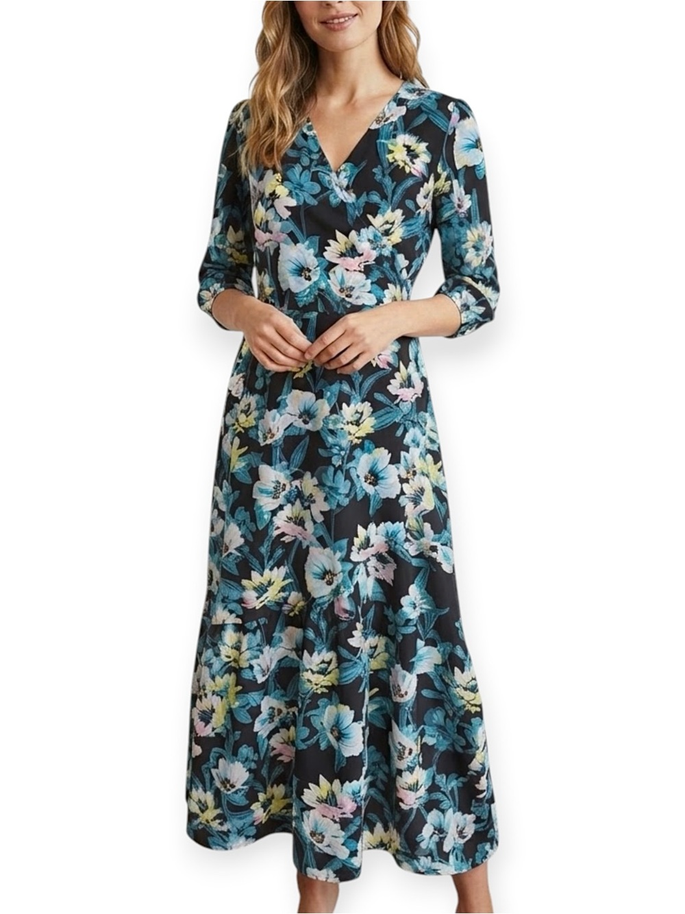 Bar III Floral Tiered 3/4 Sleeve Wrap Maxi Dress  Black/Blue Multi Women’s M